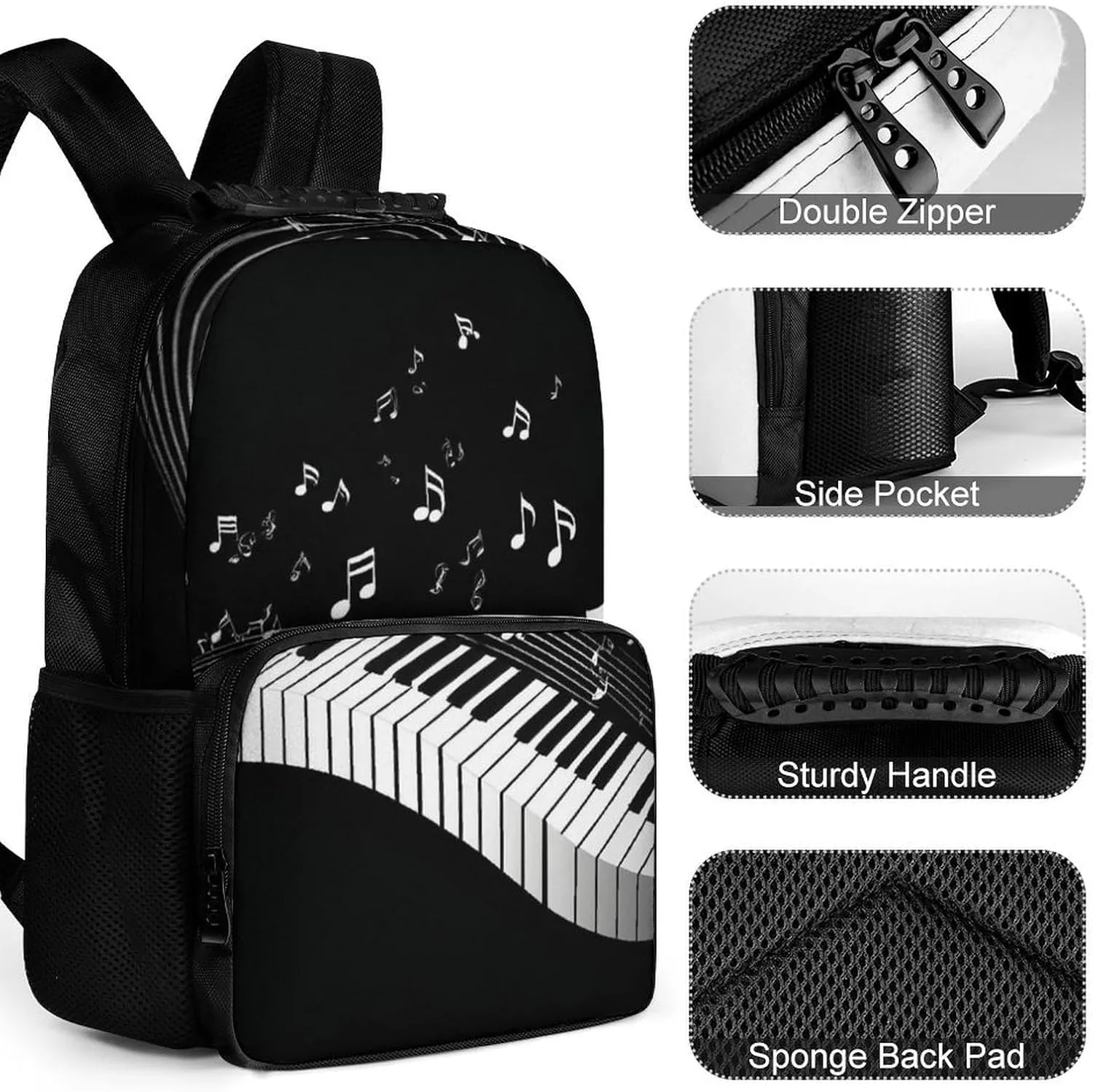 Supdreamc White Piano Keys With Musical Notes Black Daypack Backpack Polyester Multipurpose Anti-Theft Shoulder Bag Big Capacity Gym Outdoor Hiking Backpack With Smooth Zippers