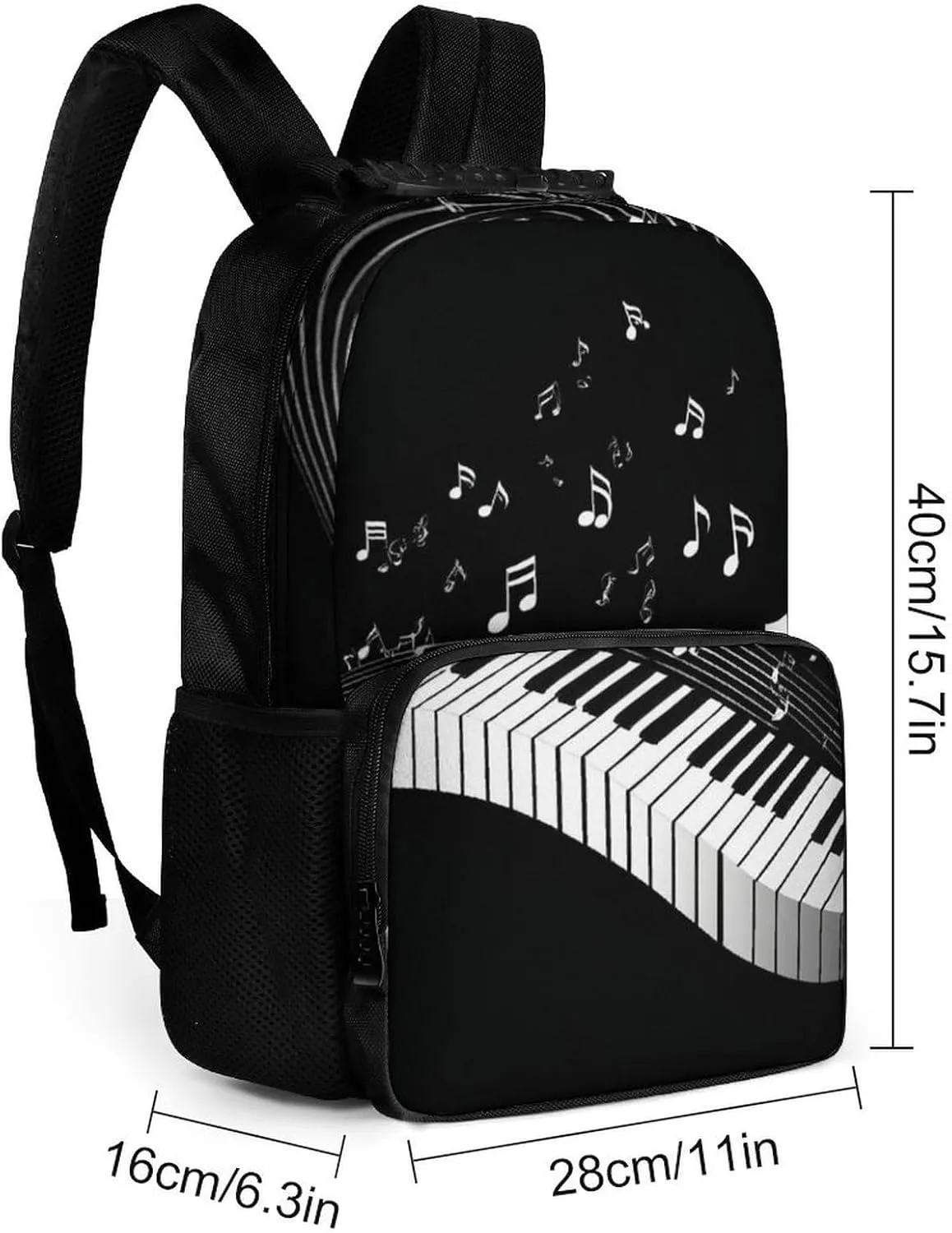 Supdreamc White Piano Keys With Musical Notes Black Daypack Backpack Polyester Multipurpose Anti-Theft Shoulder Bag Big Capacity Gym Outdoor Hiking Backpack With Smooth Zippers