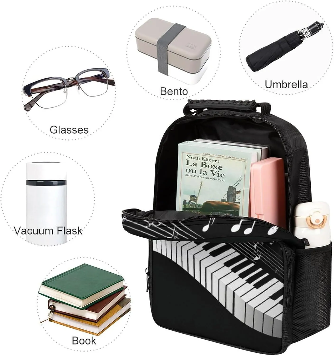 Supdreamc White Piano Keys With Musical Notes Black Daypack Backpack Polyester Multipurpose Anti-Theft Shoulder Bag Big Capacity Gym Outdoor Hiking Backpack With Smooth Zippers