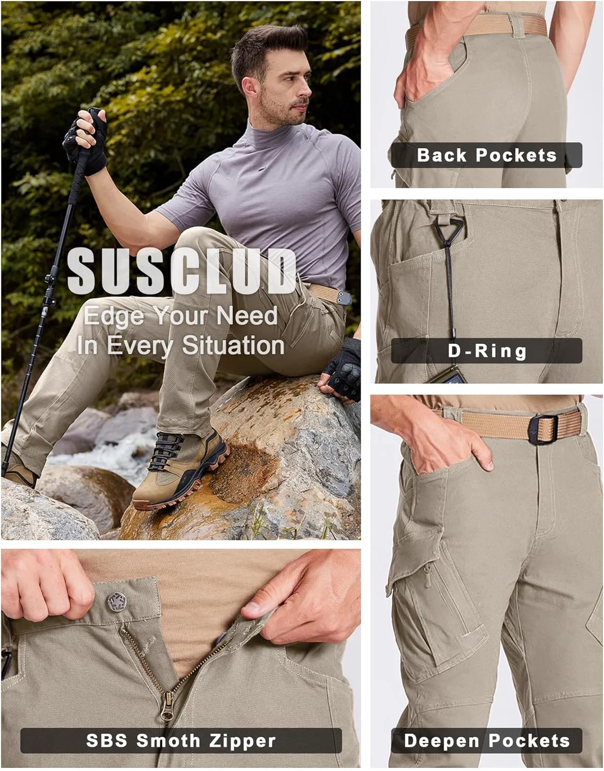 Susclude Men's Outdoor Cargo Work Trousers Military Tactical Pants Ripstop Assault Combat Trousers Hiking Pants Men