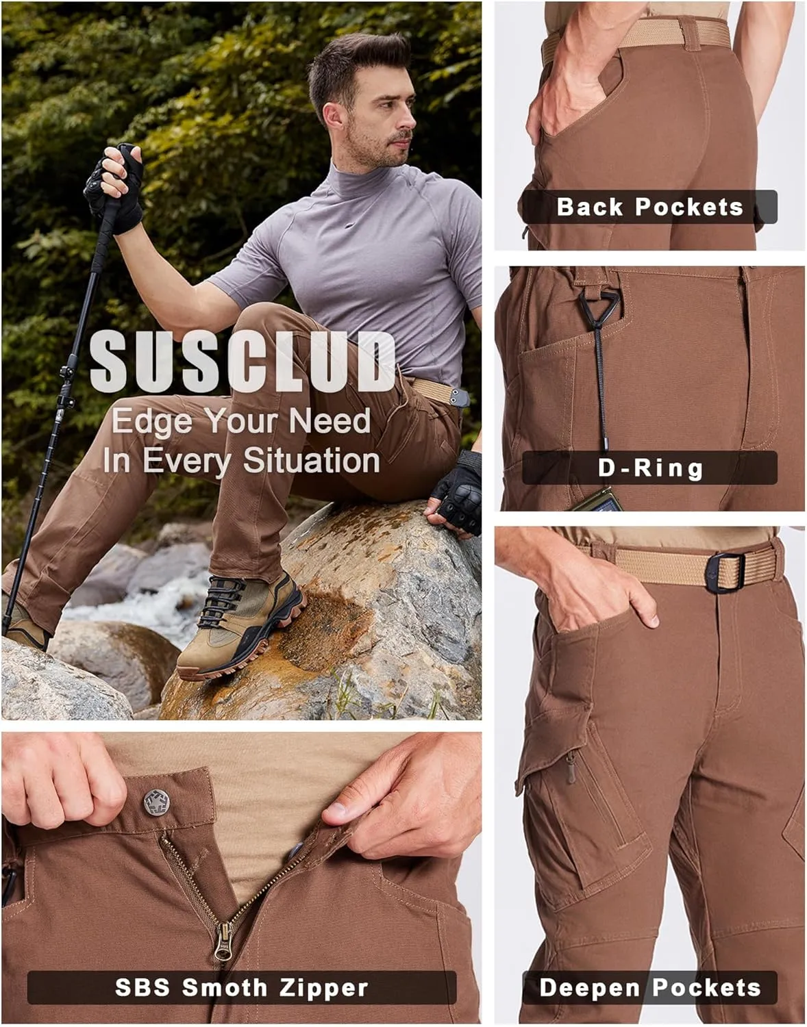 Susclude Men's Outdoor Cargo Work Trousers Military Tactical Pants Ripstop Assault Combat Trousers Hiking Pants Men