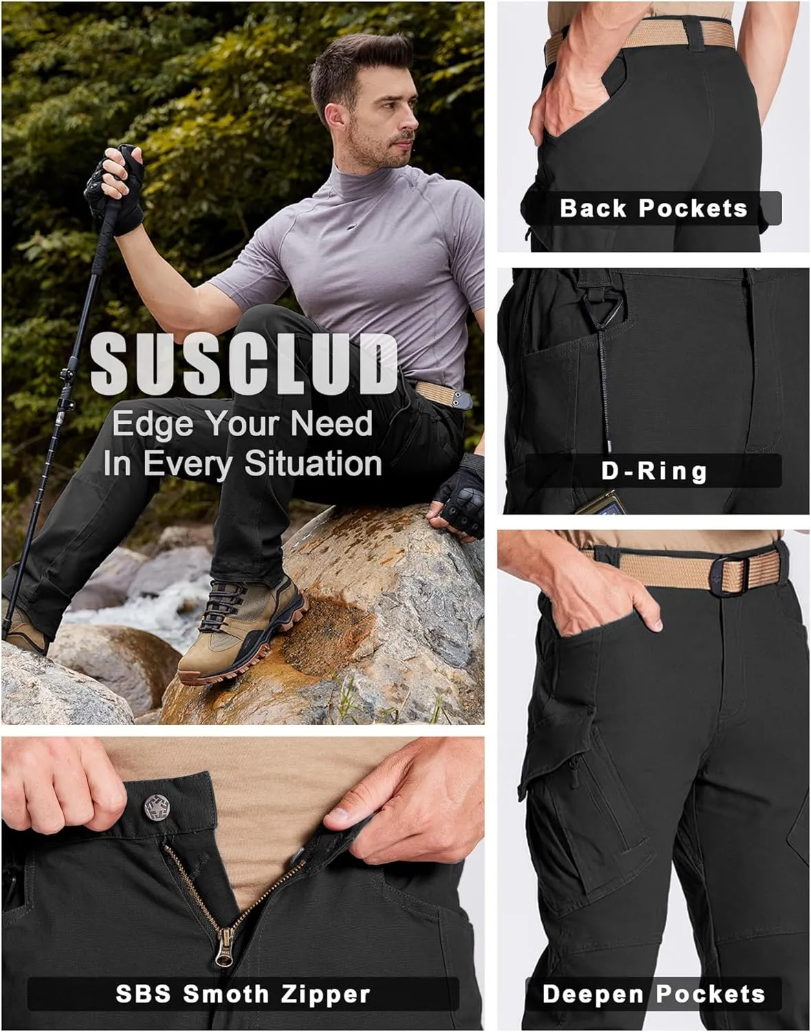 Susclude Men's Outdoor Cargo Work Trousers Military Tactical Pants Ripstop Assault Combat Trousers Hiking Pants Men