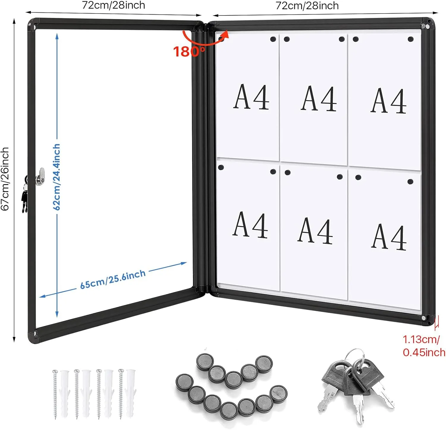 SWANCROWN Lockable Bulletin Boards Black Frame Enclosed Display Case,with Magnets,for School Message Notice 28x26inch(6XA4)