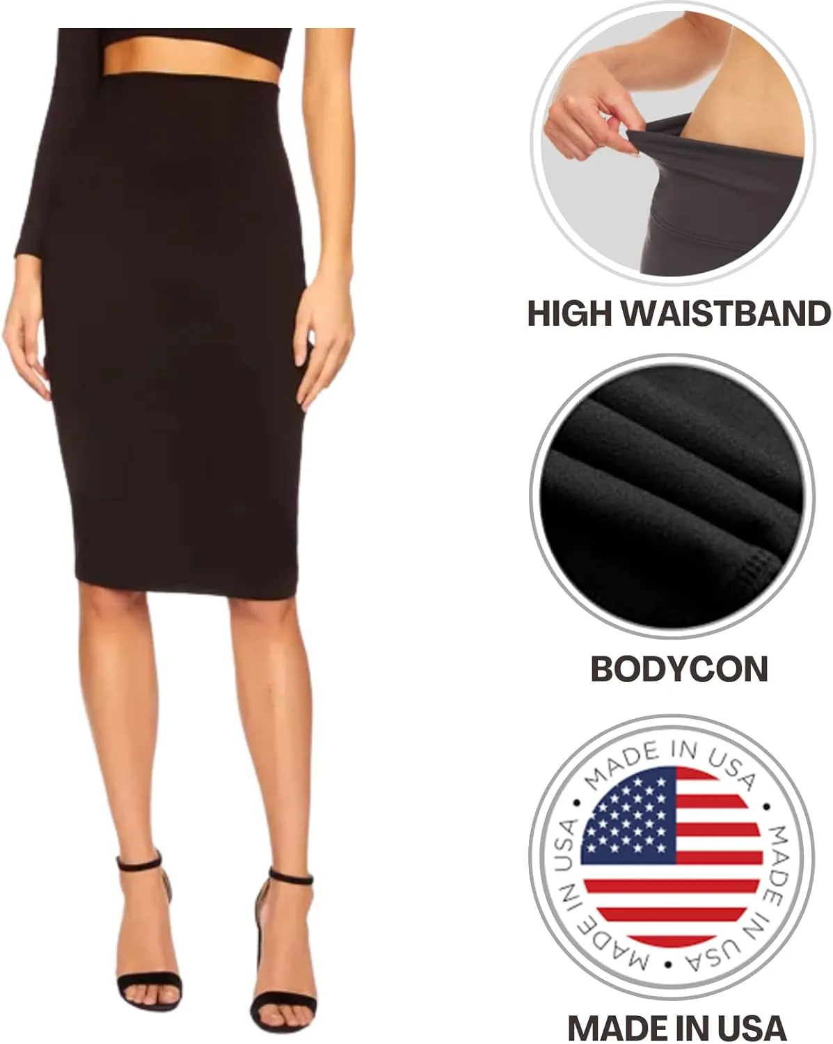 Sweet Hearts Women’s Basic Stretch Pencil Skirt- Regular & Plus Size- Below Knee Office Midi Bodycon Nylon Skirt Made in USA