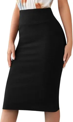 Sweet Hearts Women’s Basic Stretch Pencil Skirt- Regular & Plus Size- Below Knee Office Midi Bodycon Nylon Skirt Made in USA