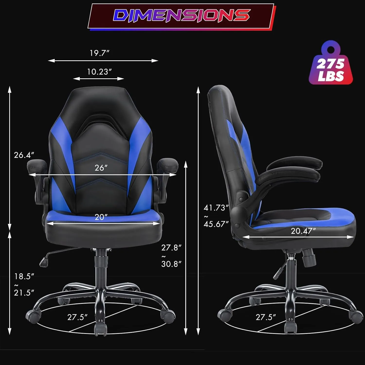 Sweetcrispy Computer Gaming Desk Chair - Ergonomic Office Executive Adjustable Swivel Task PU Leather Racing Chair with Flip-up Armrest for Adults, Kids, Men, Girls, Gamer, Black Blue