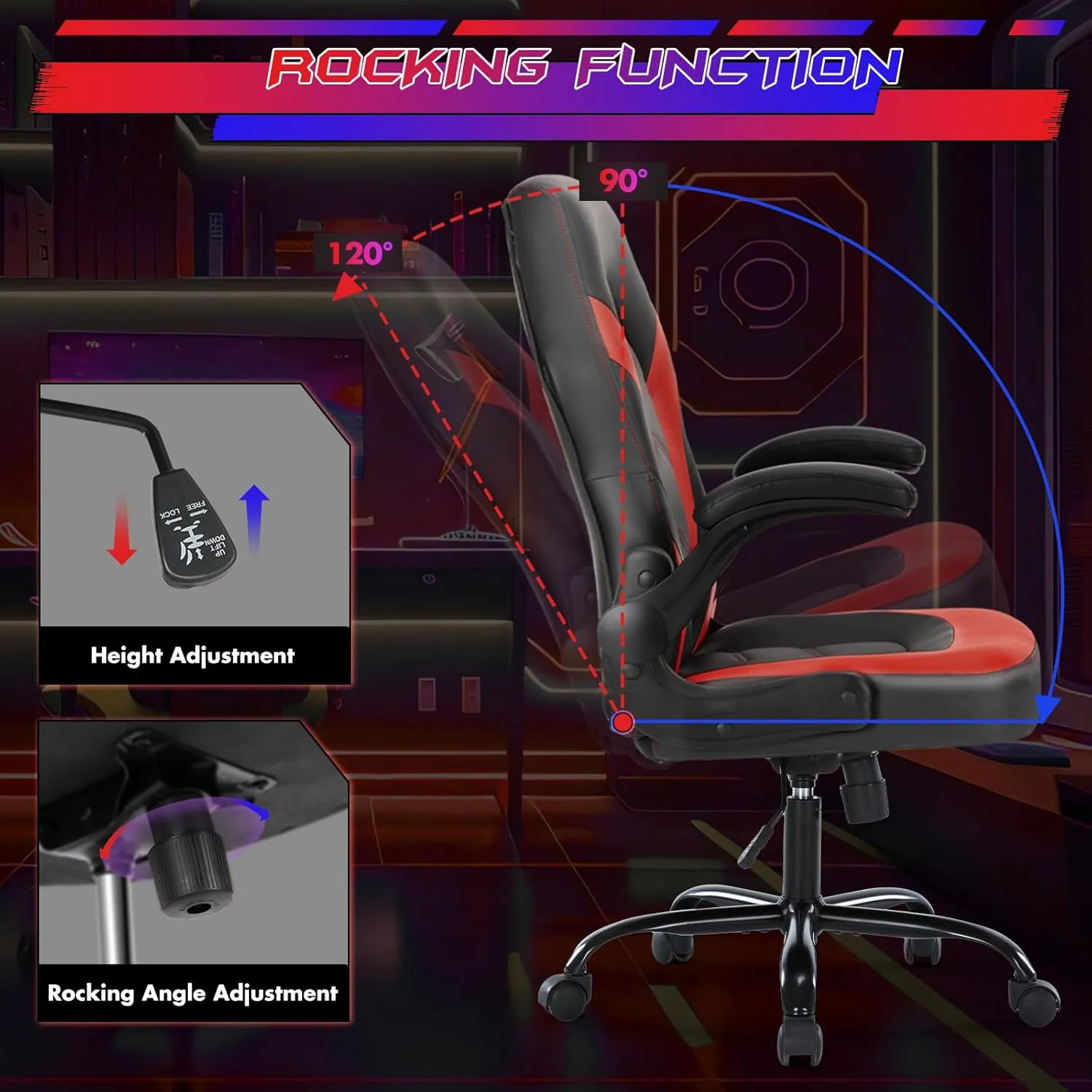 Sweetcrispy Computer Gaming Desk Chair - Ergonomic Office Executive Adjustable Swivel Task PU Leather Racing Chair with Flip-up Armrest for Adults, Kids, Men, Girls, Gamer, Black Red