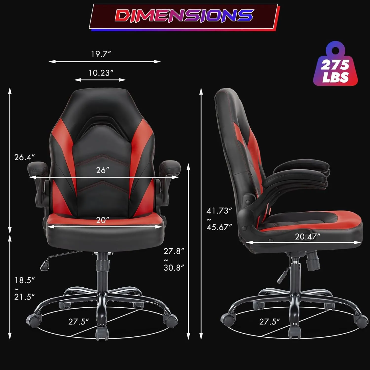 Sweetcrispy Computer Gaming Desk Chair - Ergonomic Office Executive Adjustable Swivel Task PU Leather Racing Chair with Flip-up Armrest for Adults, Kids, Men, Girls, Gamer, Black Red
