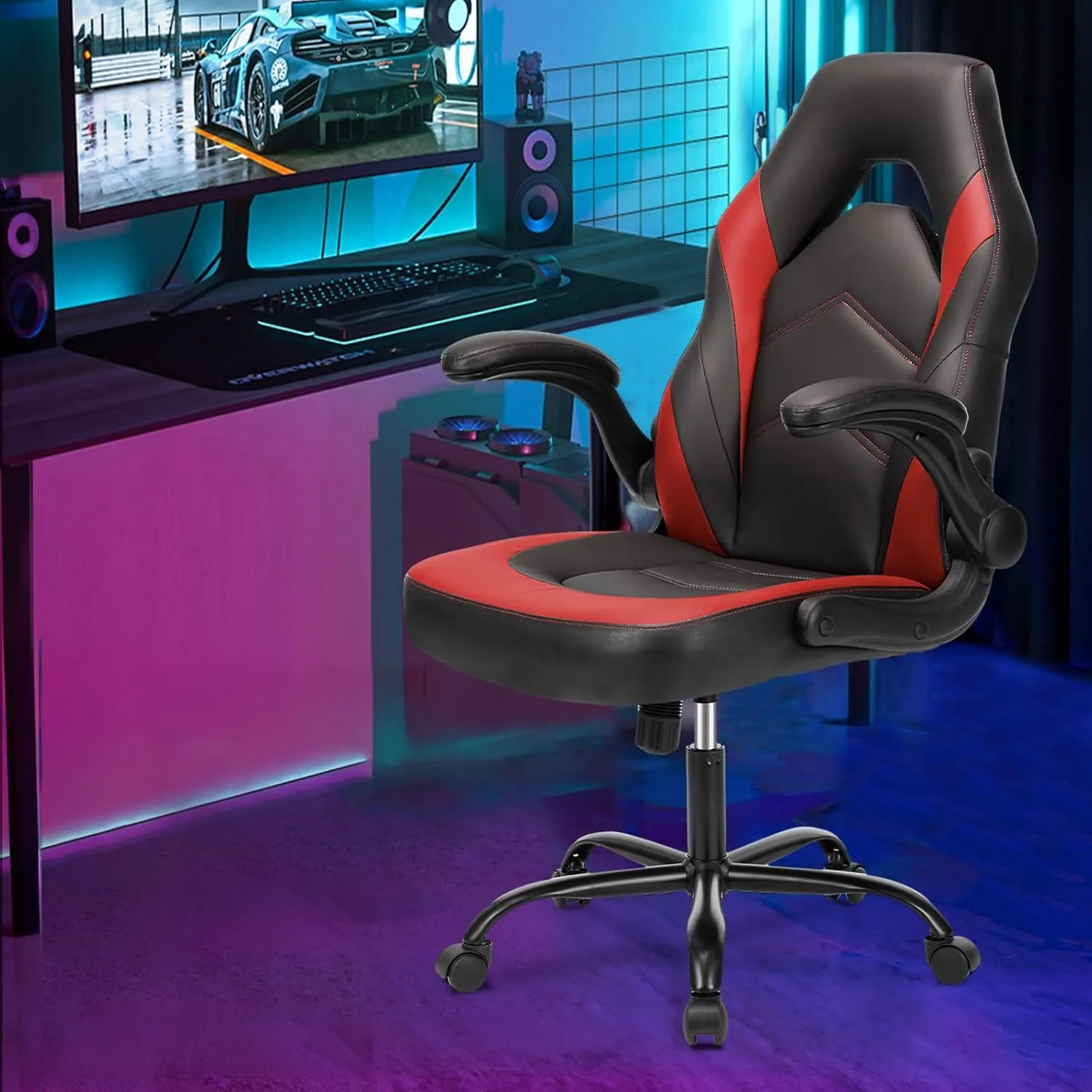 Sweetcrispy Computer Gaming Desk Chair - Ergonomic Office Executive Adjustable Swivel Task PU Leather Racing Chair with Flip-up Armrest for Adults, Kids, Men, Girls, Gamer, Black Red