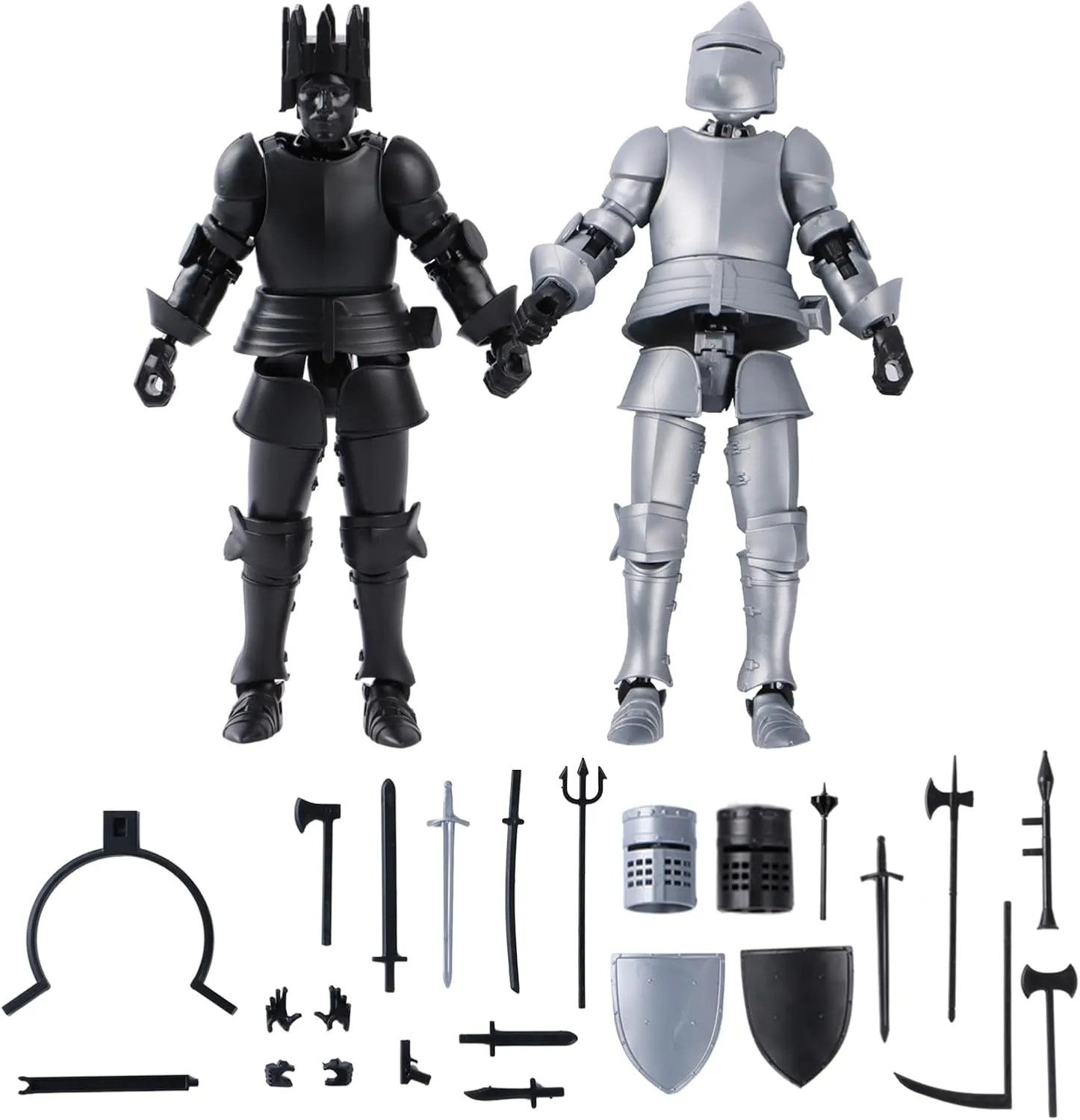 T13 Medieval Knight Action Figure | 2-Pack 5.5 inches | Completely Assembled | Magnetic Design | with Stand, Suitable for Executive Desk Toys | Black & White