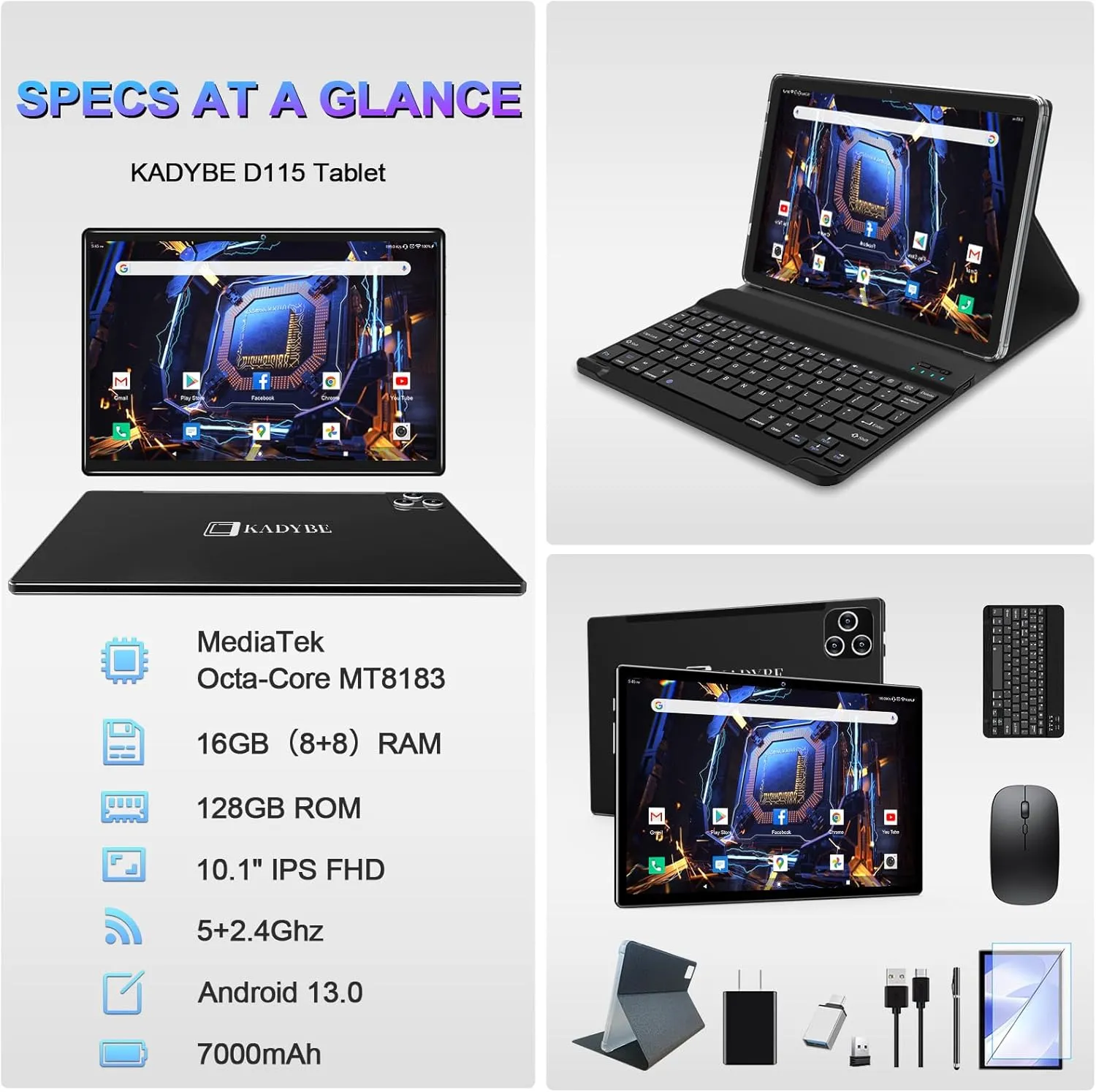Tablet 10.1 Inch Android 13 Tablets 2025 Latest Android Tablets 128GB ROM 16GB RAM (8 8 Virtual), 2 in 1 Tablet with Keyboard, Powerful Octa-Core 13MP Camera, 1TB TF Expandable, FHD WiFi Tableta PC