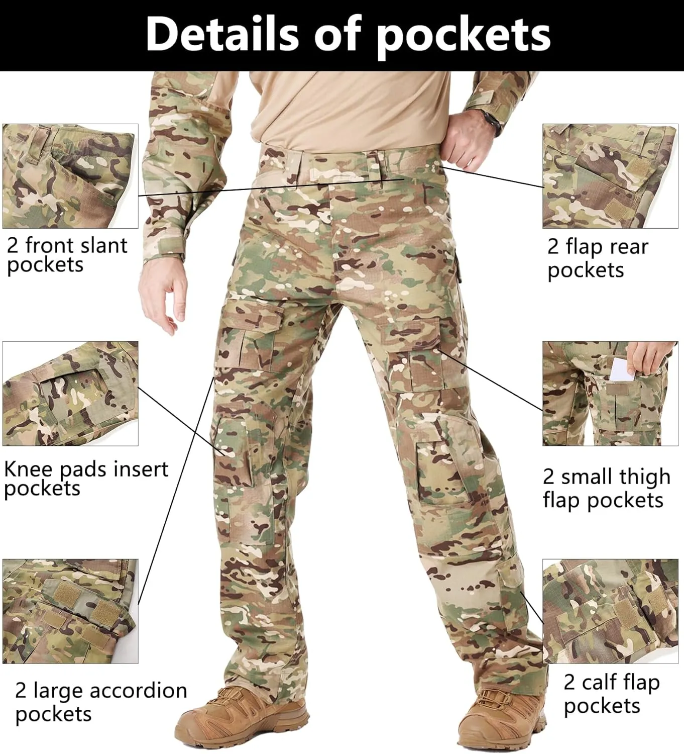 Tactical Pants for Men Water Resistant Hiking Pants Camo Cargo Pants with 10 Pockets No Belt and Kneepad