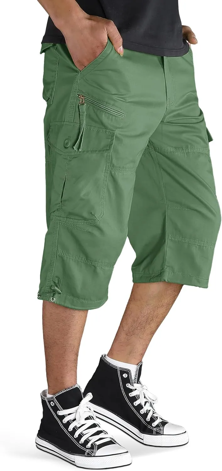 TACVASEN Men's Capri Pants with 7 Pockets Cargo Shorts Twill Elastic Below Knee 3/4 Capri Long Shorts