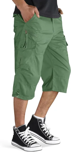 TACVASEN Men's Capri Pants with 7 Pockets Cargo Shorts Twill Elastic Below Knee 3/4 Capri Long Shorts