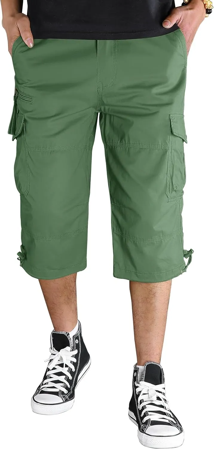 TACVASEN Men's Capri Pants with 7 Pockets Cargo Shorts Twill Elastic Below Knee 3/4 Capri Long Shorts