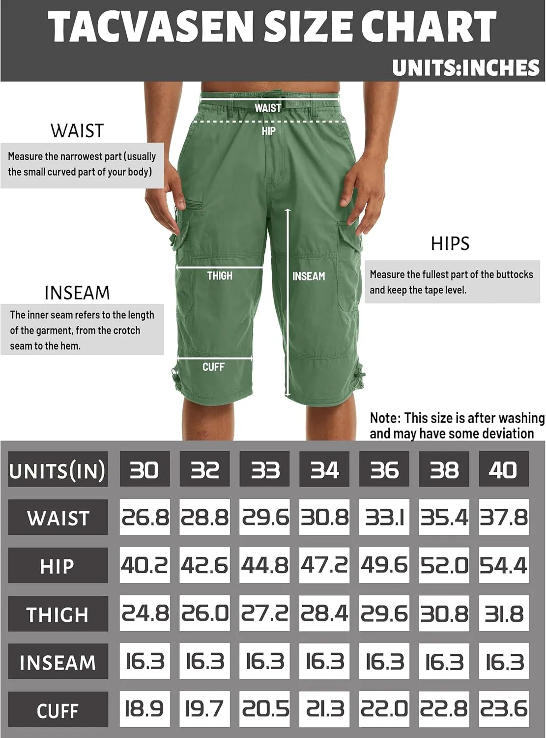TACVASEN Men's Capri Pants with 7 Pockets Cargo Shorts Twill Elastic Below Knee 3/4 Capri Long Shorts