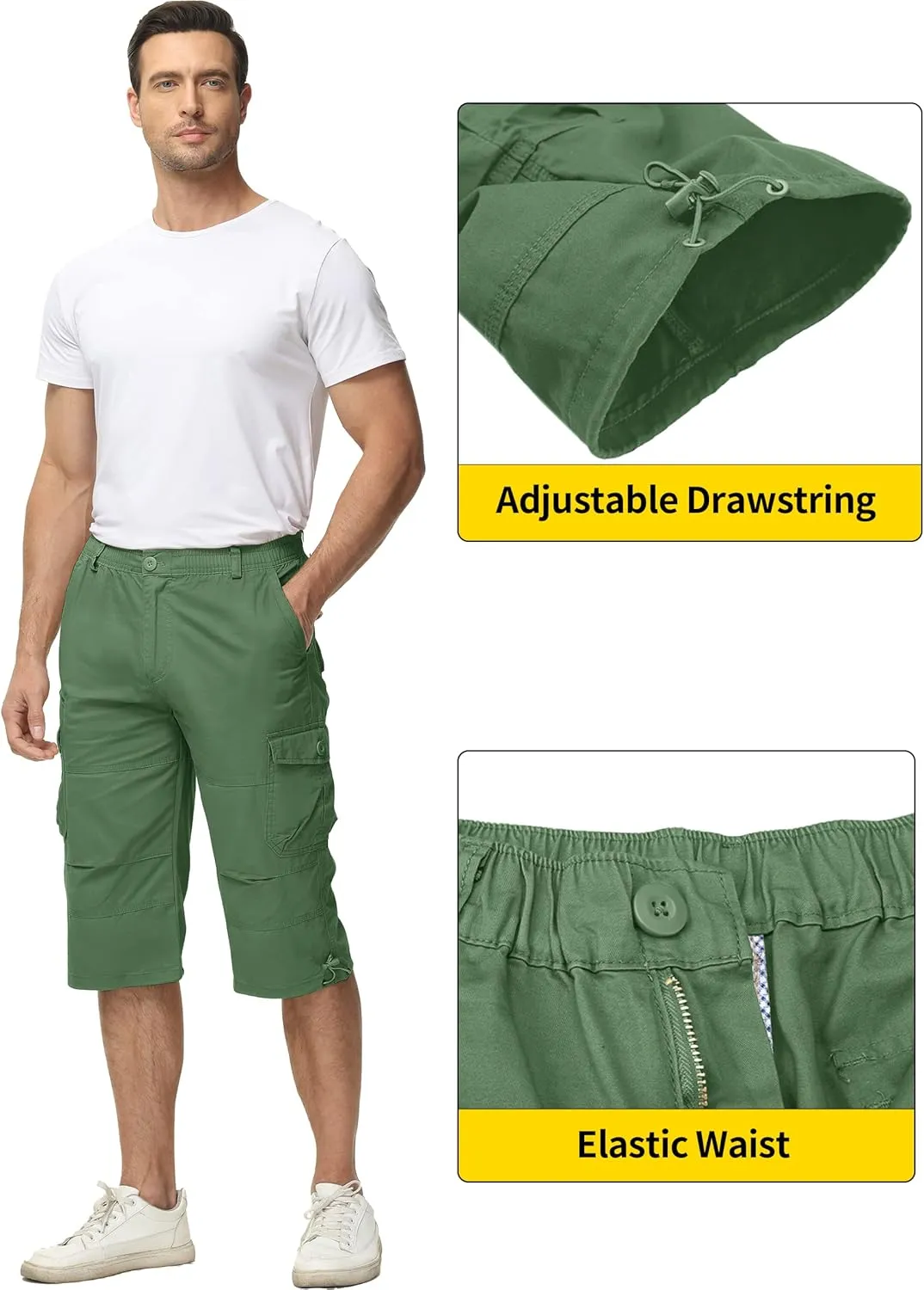 TACVASEN Men's Capri Pants with 7 Pockets Cargo Shorts Twill Elastic Below Knee 3/4 Capri Long Shorts