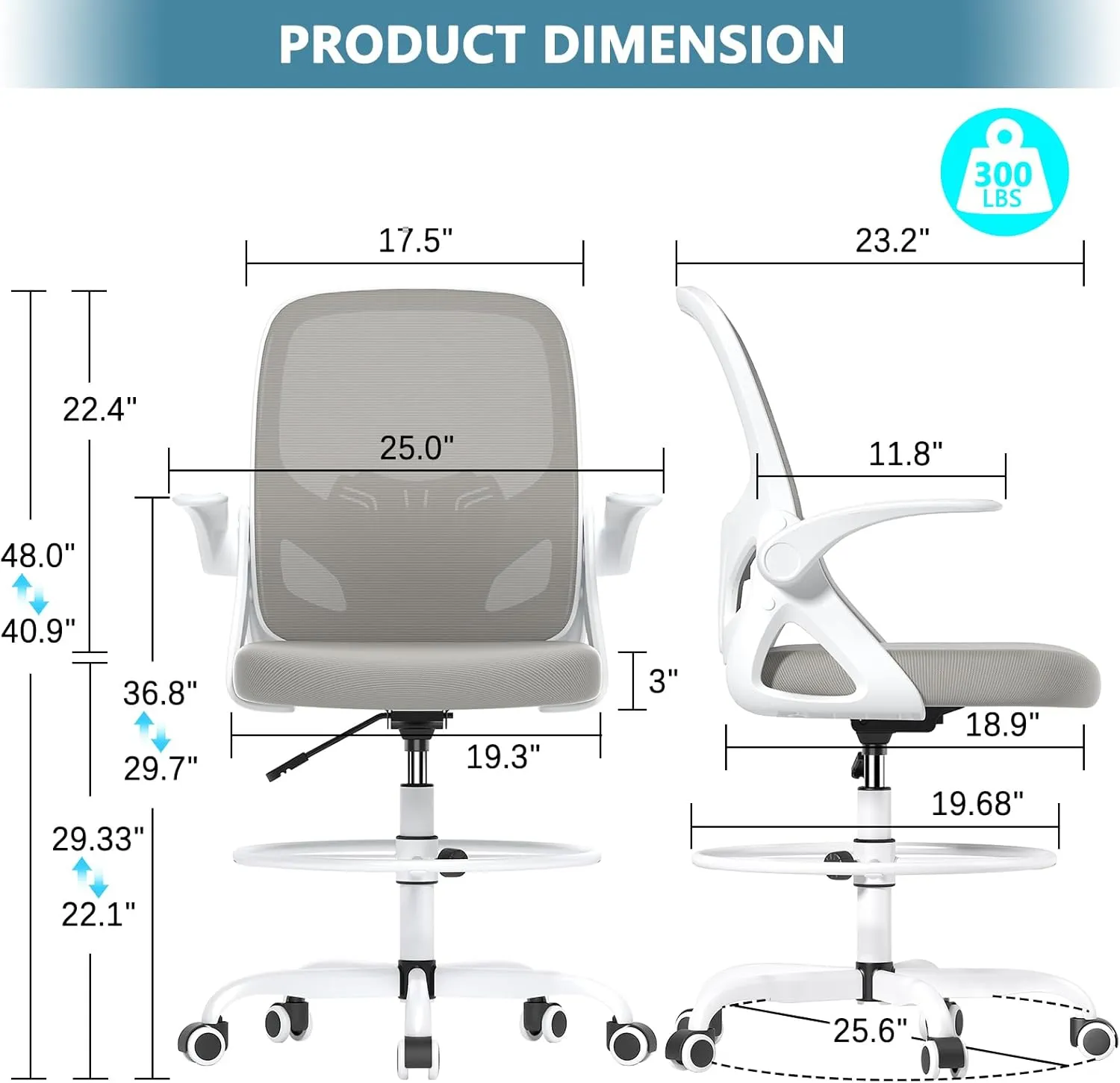 Tall Drafting Chair with Footrest Ring for Home and Work, Ergonomic Home Desk Office Chair with Flip up Arms and Lumbar Support, Tall Extended Height Executive Home Desk Office Chair(Gray)