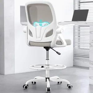 Tall Drafting Chair with Footrest Ring for Home and Work, Ergonomic Home Desk Office Chair with Flip up Arms and Lumbar Support, Tall Extended Height Executive Home Desk Office Chair(Gray)