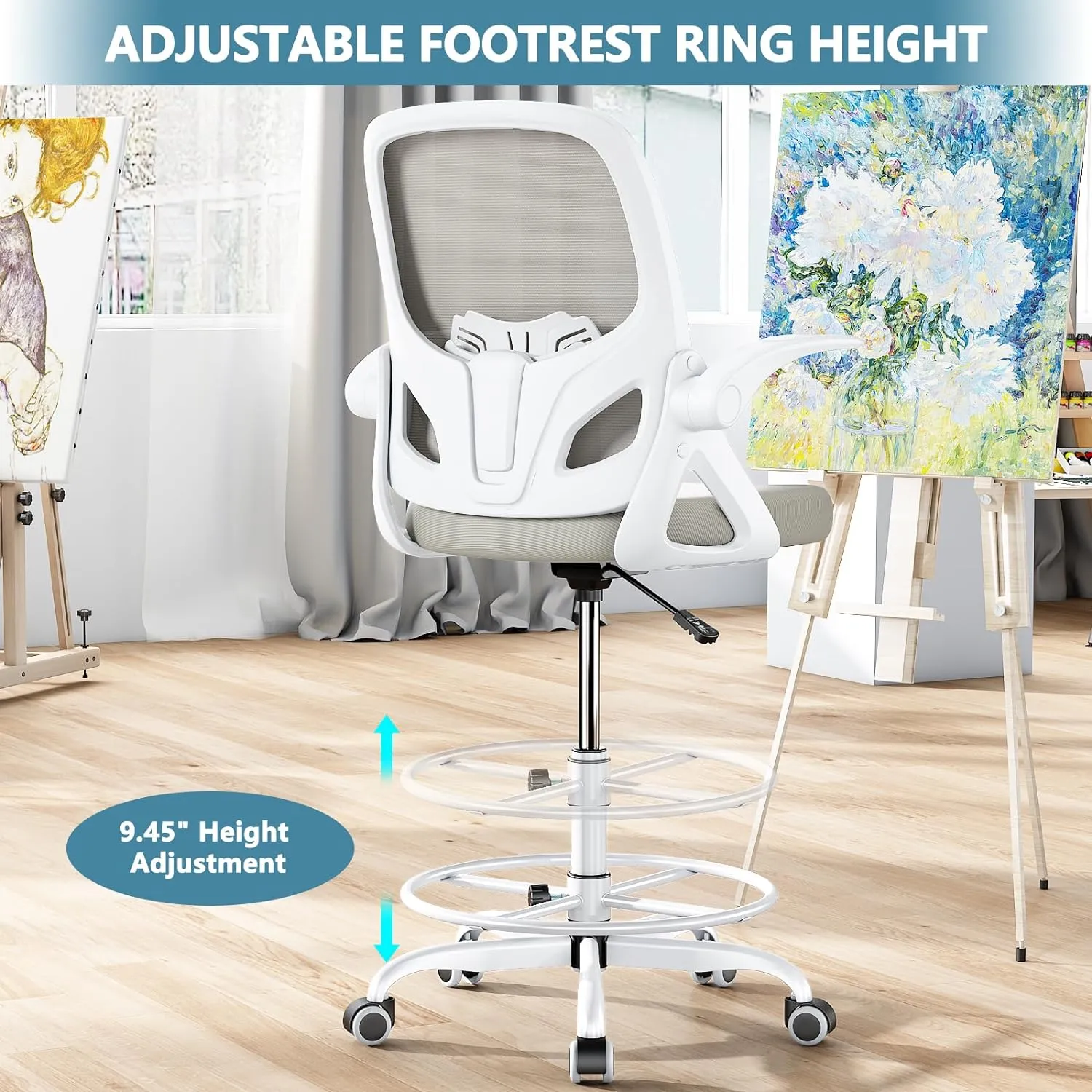 Tall Drafting Chair with Footrest Ring for Home and Work, Ergonomic Home Desk Office Chair with Flip up Arms and Lumbar Support, Tall Extended Height Executive Home Desk Office Chair(Gray)