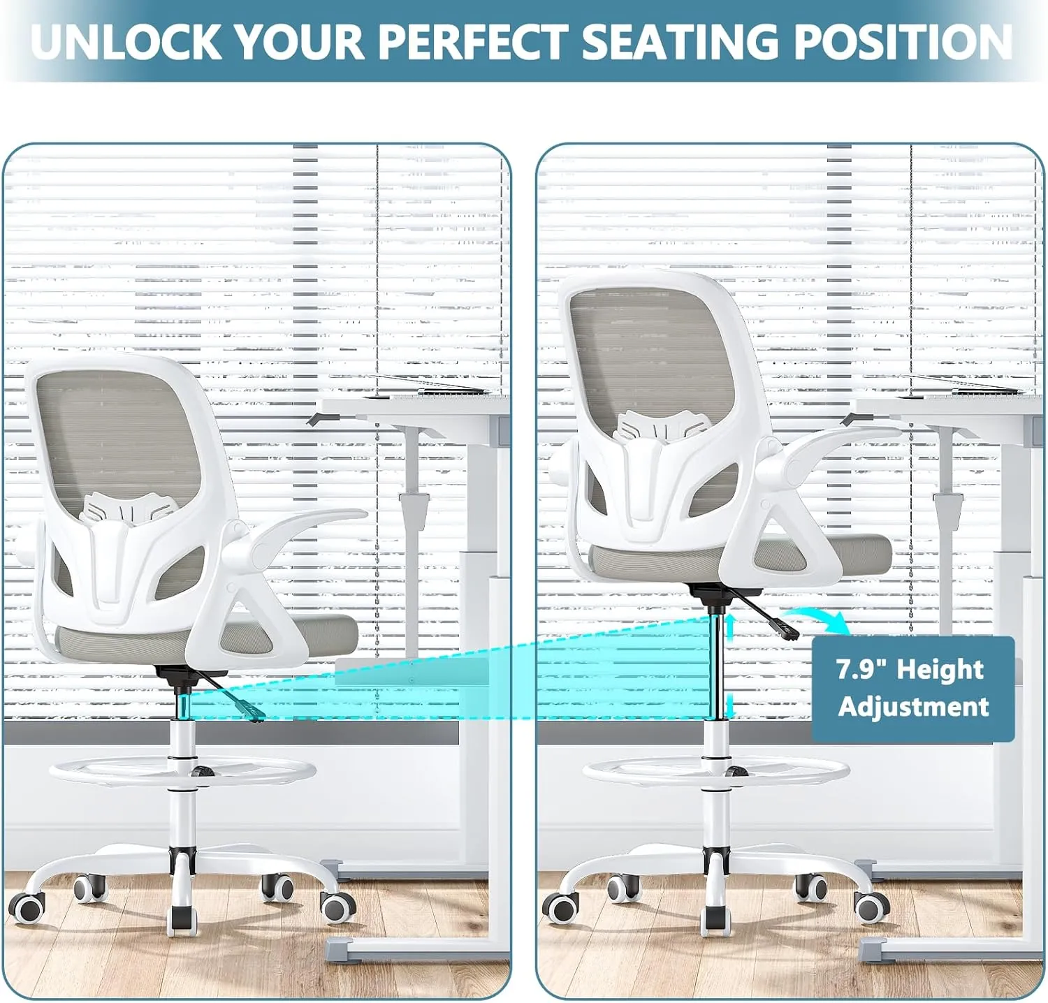 Tall Drafting Chair with Footrest Ring for Home and Work, Ergonomic Home Desk Office Chair with Flip up Arms and Lumbar Support, Tall Extended Height Executive Home Desk Office Chair(Gray)