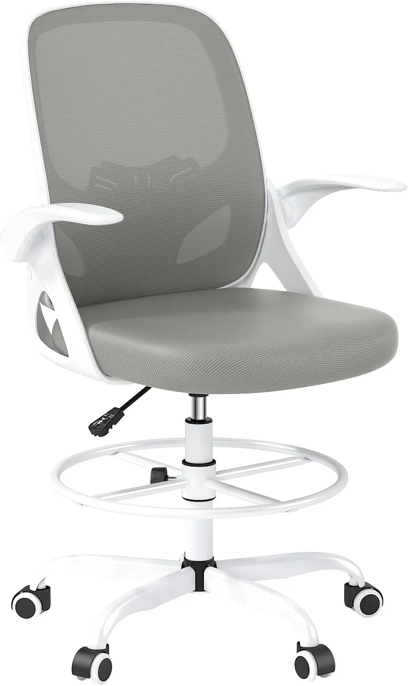 Tall Drafting Chair with Footrest Ring for Home and Work, Ergonomic Home Desk Office Chair with Flip up Arms and Lumbar Support, Tall Extended Height Executive Home Desk Office Chair(Gray)