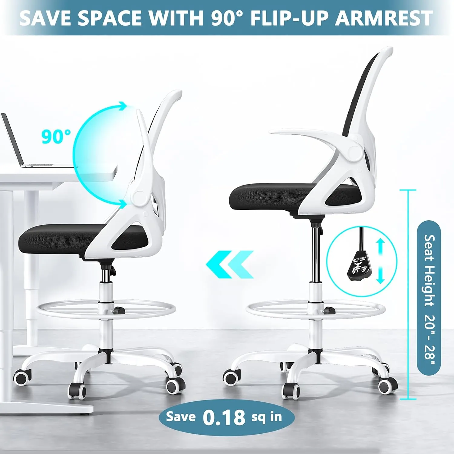 Tall Drafting Chair with Footrest Ring for Home and Work, Ergonomic Home Desk Office Chair with Flip up Arms and Lumbar Support, Tall Extended Height Executive Home Desk Office Chair(White)