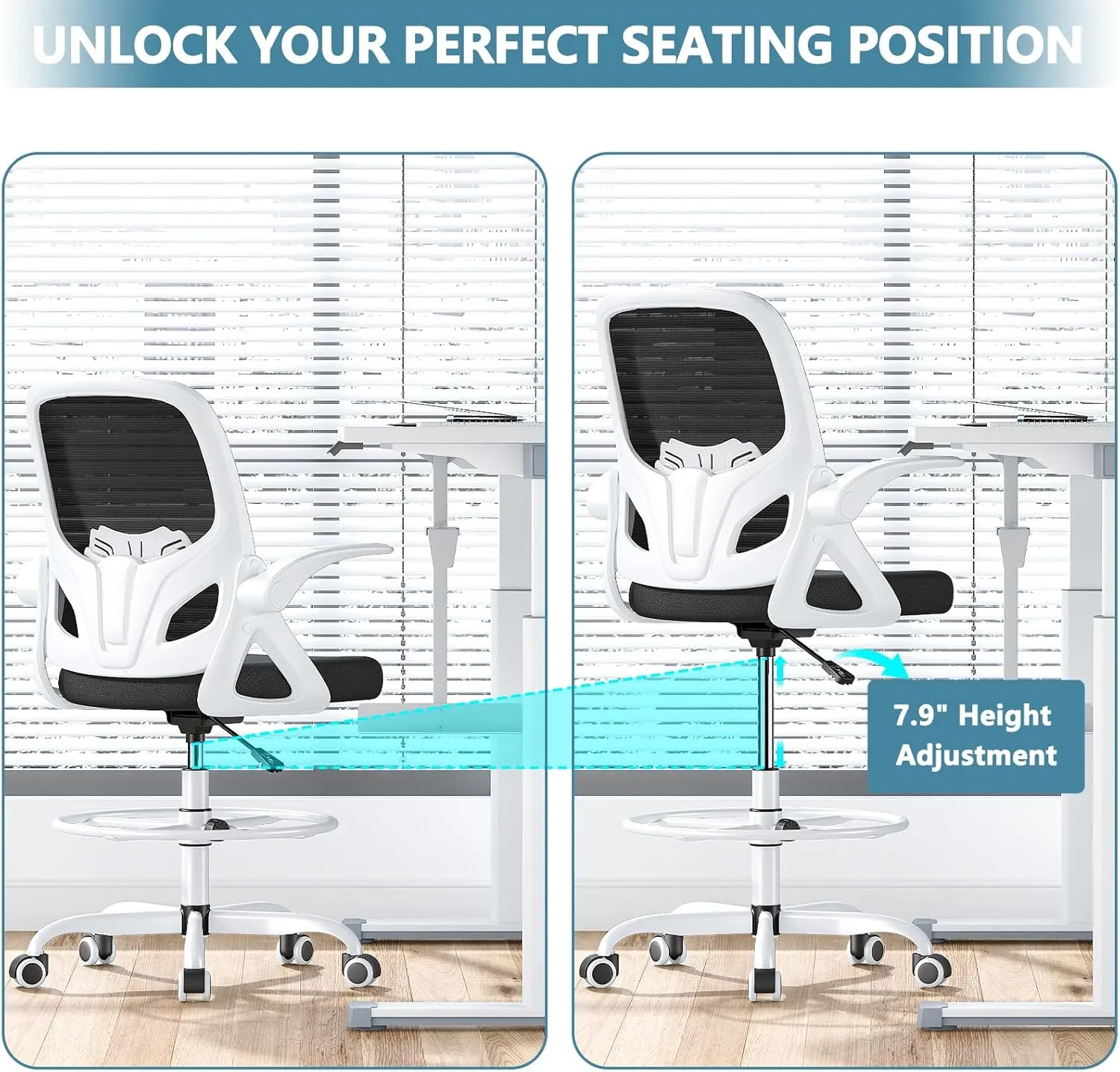 Tall Drafting Chair with Footrest Ring for Home and Work, Ergonomic Home Desk Office Chair with Flip up Arms and Lumbar Support, Tall Extended Height Executive Home Desk Office Chair(White)