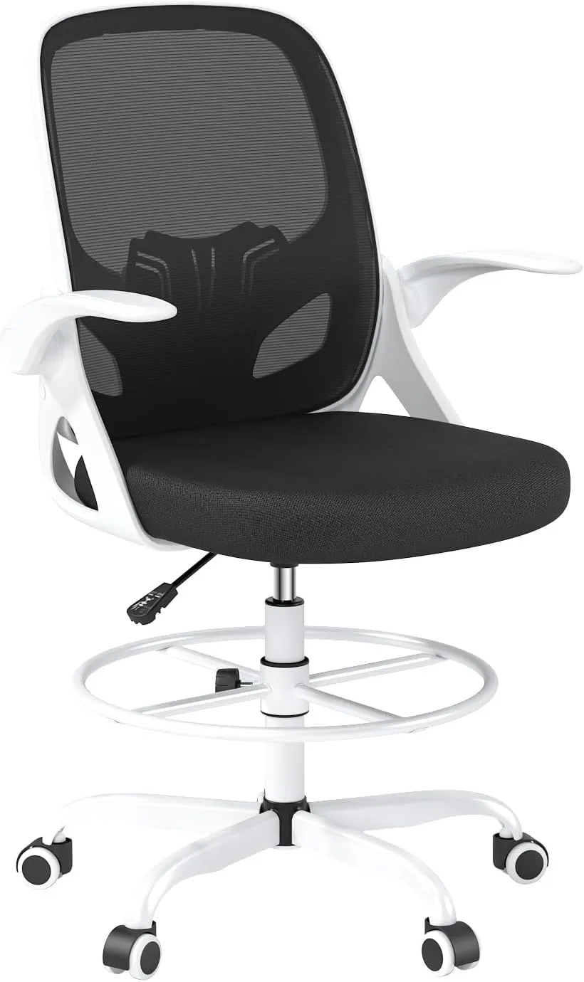 Tall Drafting Chair with Footrest Ring for Home and Work, Ergonomic Home Desk Office Chair with Flip up Arms and Lumbar Support, Tall Extended Height Executive Home Desk Office Chair(White)