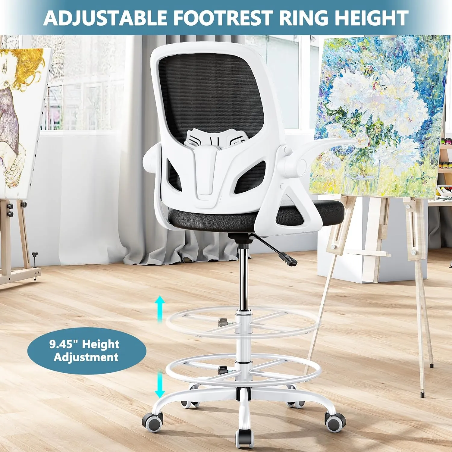 Tall Drafting Chair with Footrest Ring for Home and Work, Ergonomic Home Desk Office Chair with Flip up Arms and Lumbar Support, Tall Extended Height Executive Home Desk Office Chair(White)