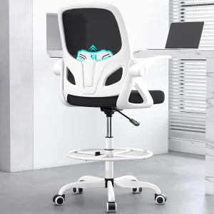 Tall Drafting Chair with Footrest Ring for Home and Work, Ergonomic Home Desk Office Chair with Flip up Arms and Lumbar Support, Tall Extended Height Executive Home Desk Office Chair(White)