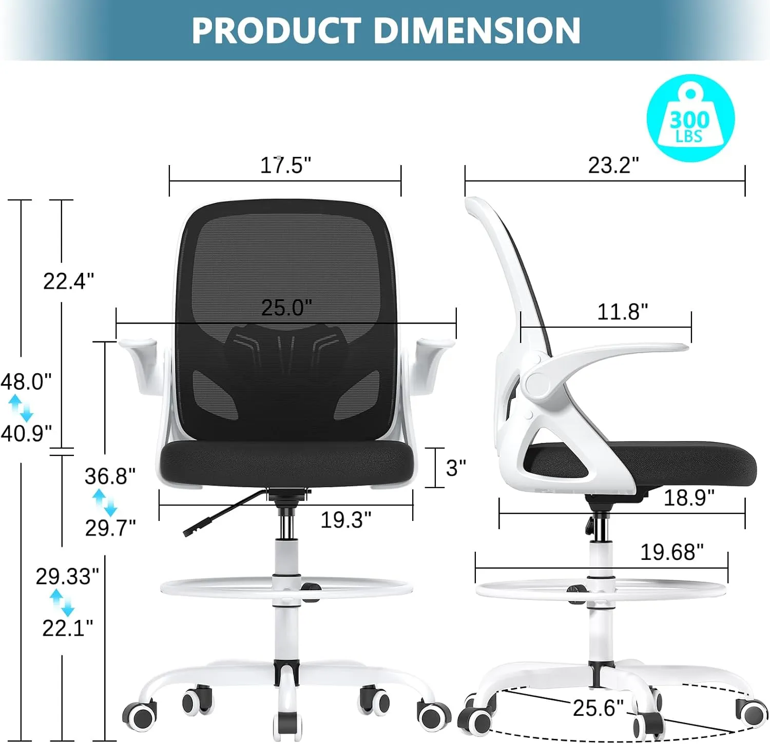 Tall Drafting Chair with Footrest Ring for Home and Work, Ergonomic Home Desk Office Chair with Flip up Arms and Lumbar Support, Tall Extended Height Executive Home Desk Office Chair(White)