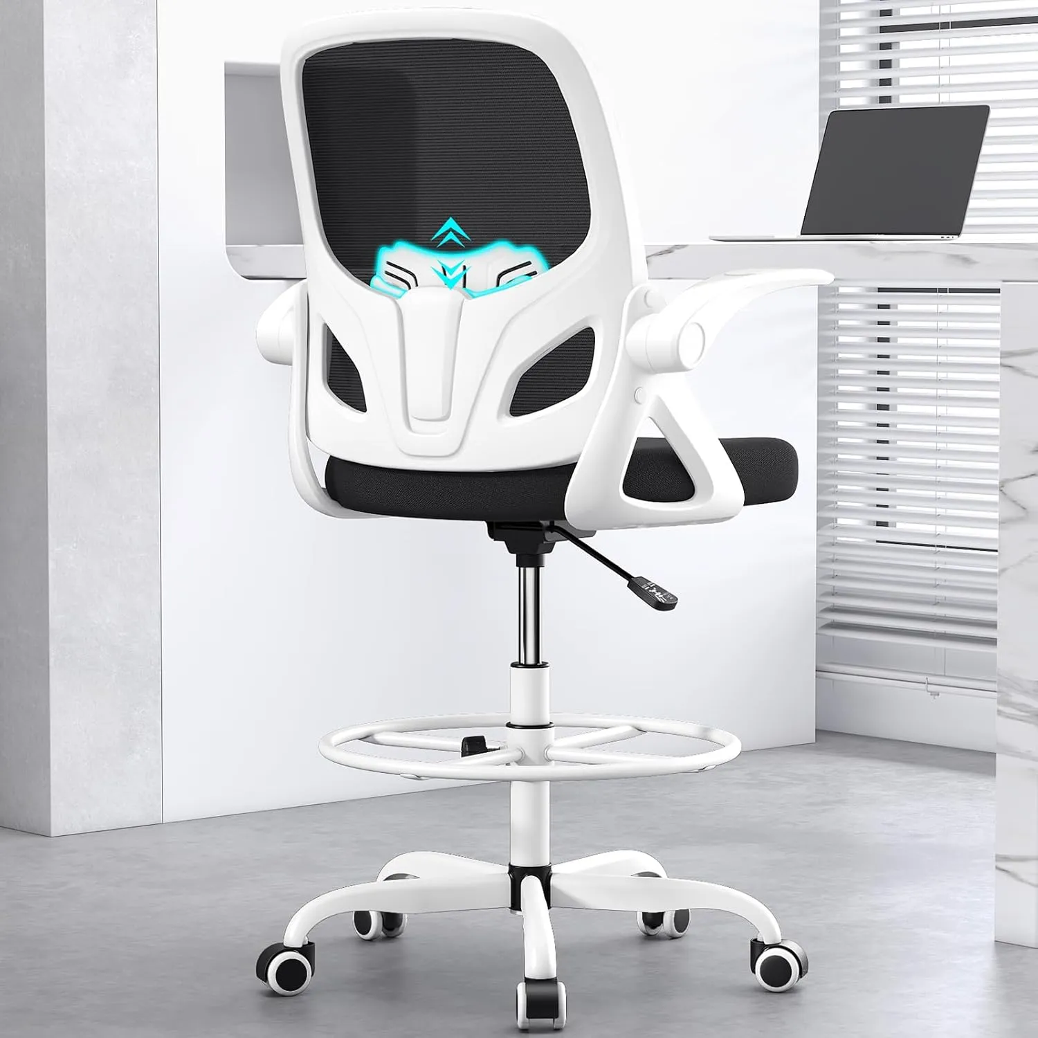 Tall Drafting Chair with Footrest Ring for Home and Work, Ergonomic Home Desk Office Chair with Flip up Arms and Lumbar Support, Tall Extended Height Executive Home Desk Office Chair(White)