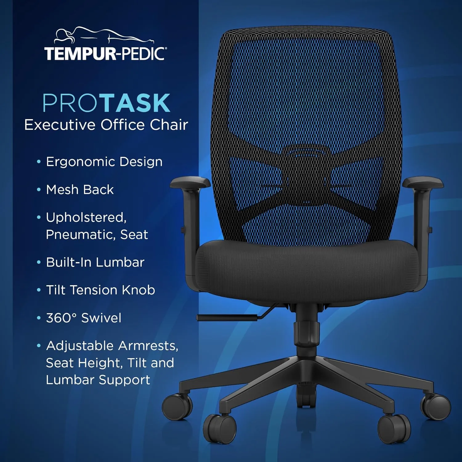 Tempur-Pedic ProTask Executive Task Office Chair with Mesh Back and Built-in Lumbar Support, Height-Adjustable Ergonomic Mesh Office Desk Chair, Black