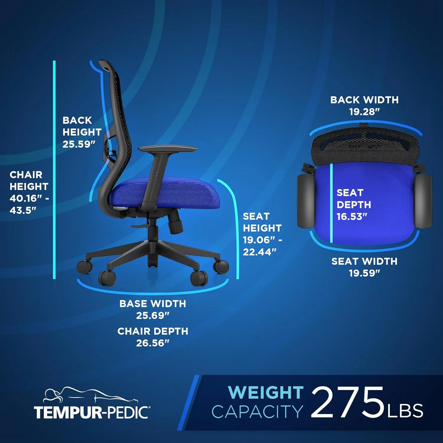 Tempur-Pedic ProTask Executive Task Office Chair with Mesh Back and Built-in Lumbar Support, Height-Adjustable Ergonomic Mesh Office Desk Chair, Blue