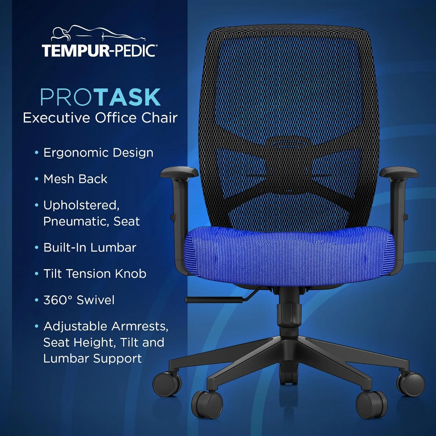Tempur-Pedic ProTask Executive Task Office Chair with Mesh Back and Built-in Lumbar Support, Height-Adjustable Ergonomic Mesh Office Desk Chair, Blue