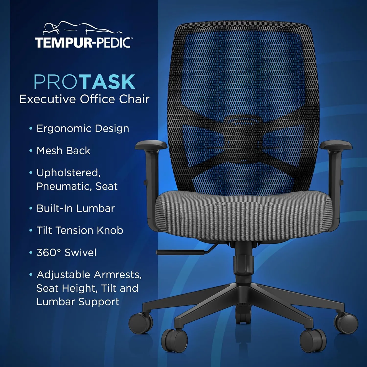 Tempur-Pedic ProTask Executive Task Office Chair with Mesh Back and Built-in Lumbar Support, Height-Adjustable Ergonomic Mesh Office Desk Chair, Grey