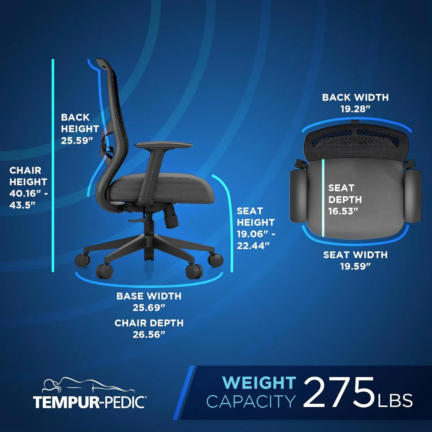 Tempur-Pedic ProTask Executive Task Office Chair with Mesh Back and Built-in Lumbar Support, Height-Adjustable Ergonomic Mesh Office Desk Chair, Grey