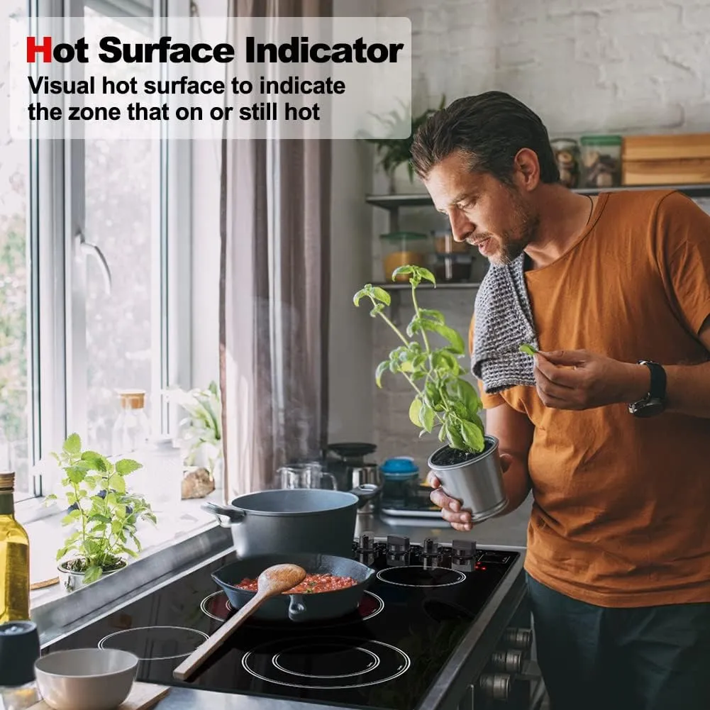 ThermoMate Professional 36 Inch Electric Cooktop 5 Burners, Schott Glass Panel 9600W Built-in Radiant Electric Stove Top, Knob Control, 9 Heating Level, Chlid Lock & Timer, 240V ETL Certified