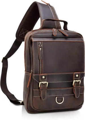 Thick Full Grain Leather Sling Bag Shoulder Backpack Travel Rucksack Casual Crossbody Bag