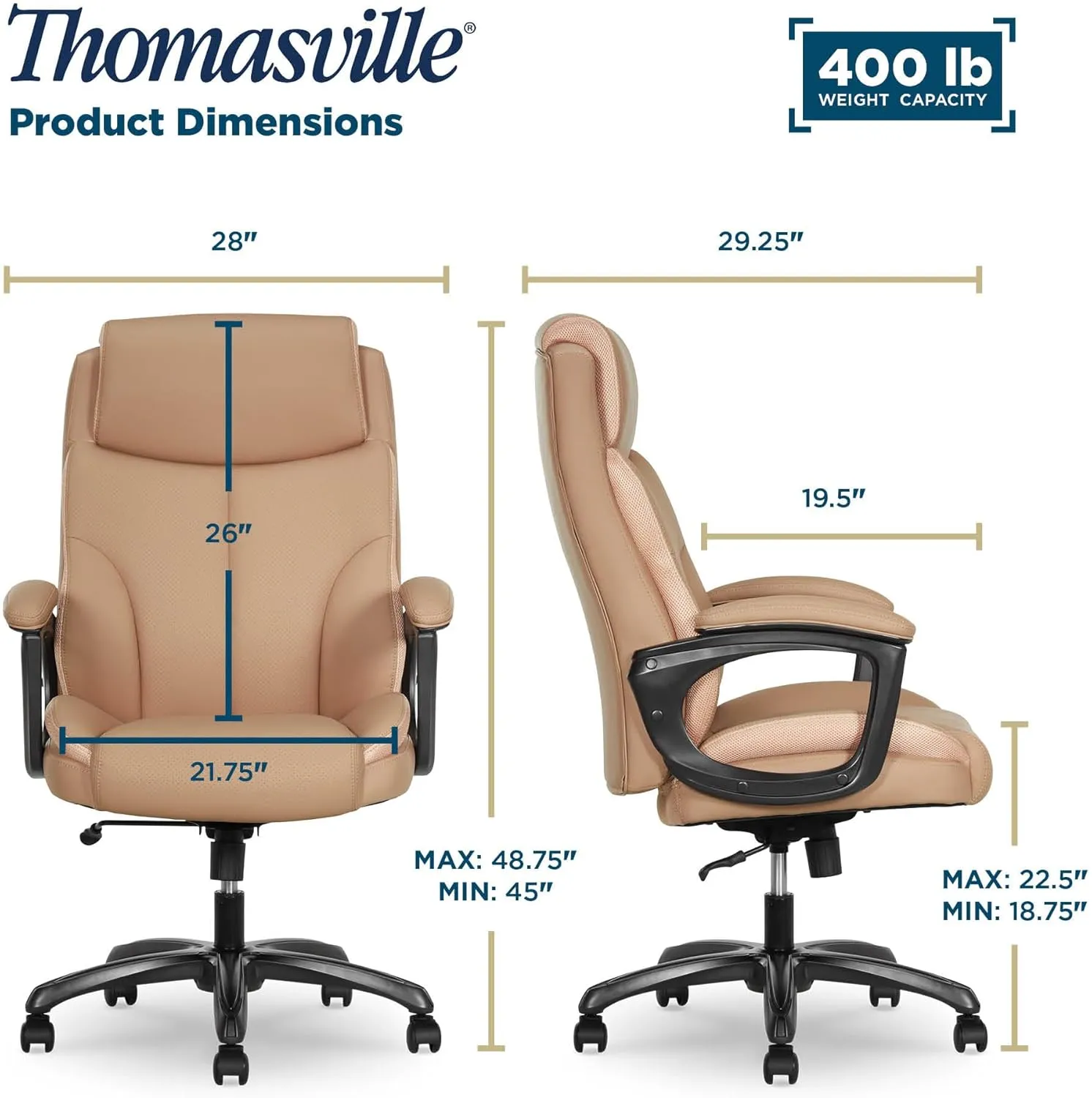 Thomasville® Danvers Big & Tall Office Chair, Ergonomic High-Back and Contoured Lumbar Support, ComfortCraft Seat Cushion Technology, Breathable Vegan Leather with Padded Armrests, Tan