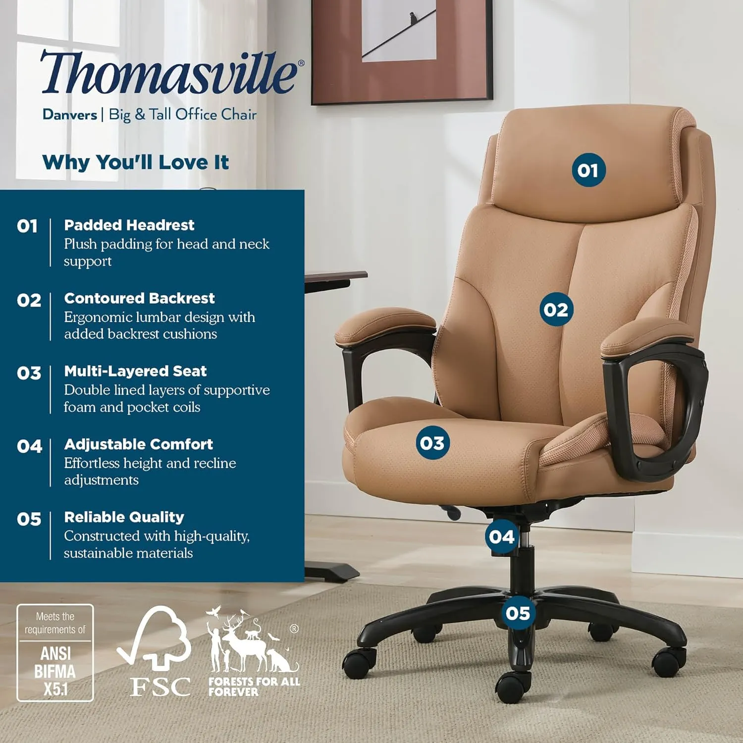 Thomasville® Danvers Big & Tall Office Chair, Ergonomic High-Back and Contoured Lumbar Support, ComfortCraft Seat Cushion Technology, Breathable Vegan Leather with Padded Armrests, Tan