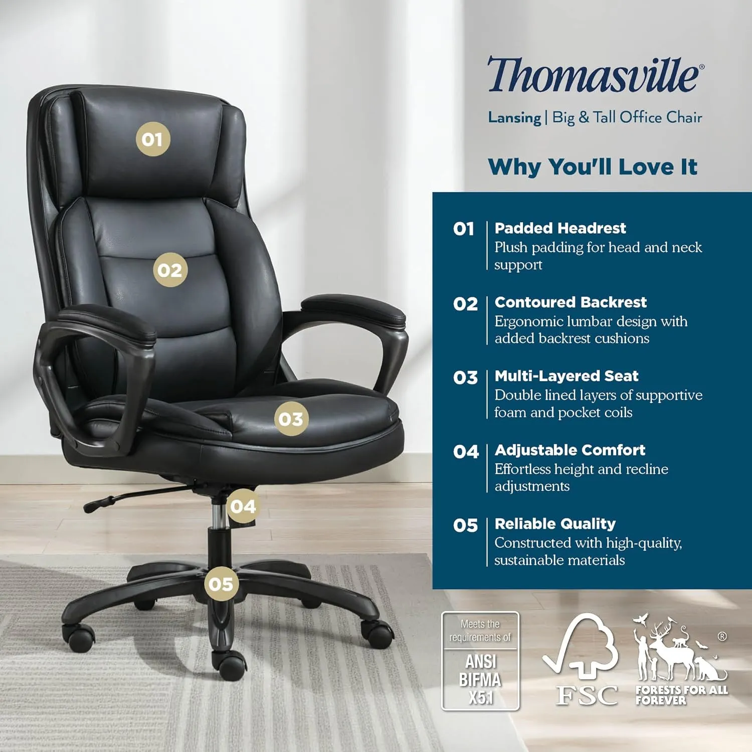 Thomasville® Lansing Big & Tall Office Chair, High-Back DeskChair, Adjustable Ergonomic Support, Vegan Leather, Semi-Plush ComfortCraft Seat Cushion Technology, Padded Headrest & Armrests, Black