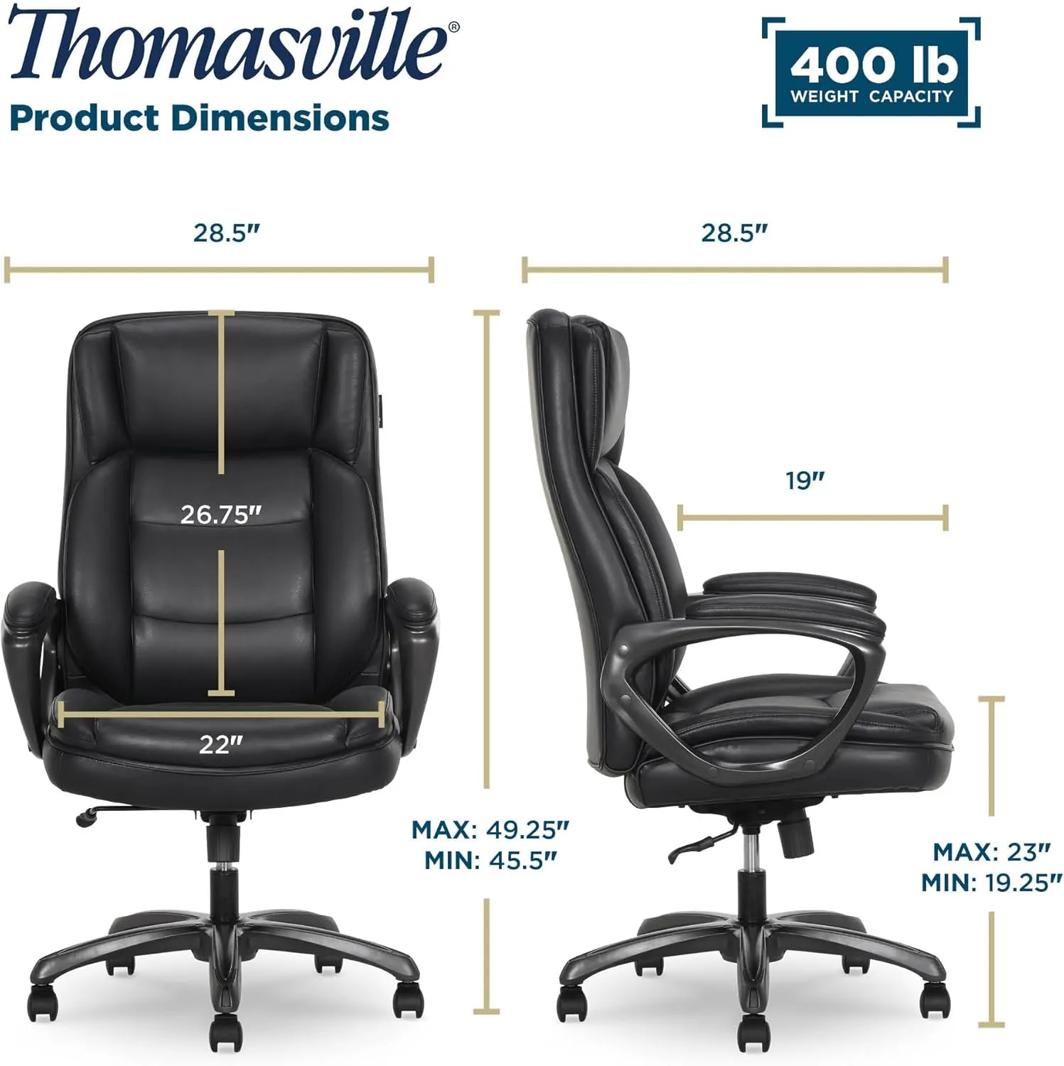 Thomasville® Lansing Big & Tall Office Chair, High-Back DeskChair, Adjustable Ergonomic Support, Vegan Leather, Semi-Plush ComfortCraft Seat Cushion Technology, Padded Headrest & Armrests, Black