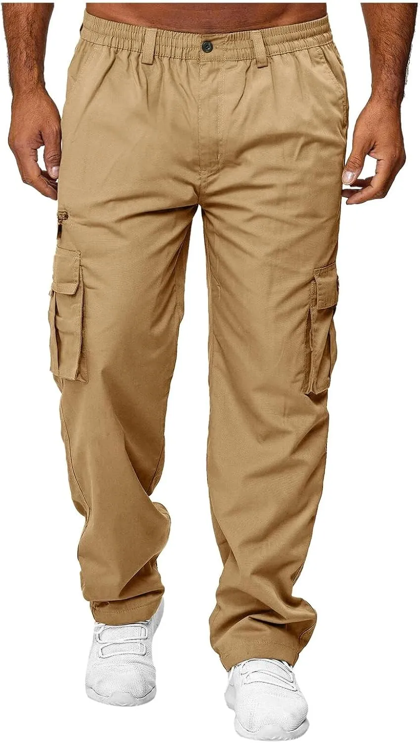 THWEI Mens Cargo Pants Casual Cotton Jogger Multi Pockets Outdoor Hiking Work Sweatpants