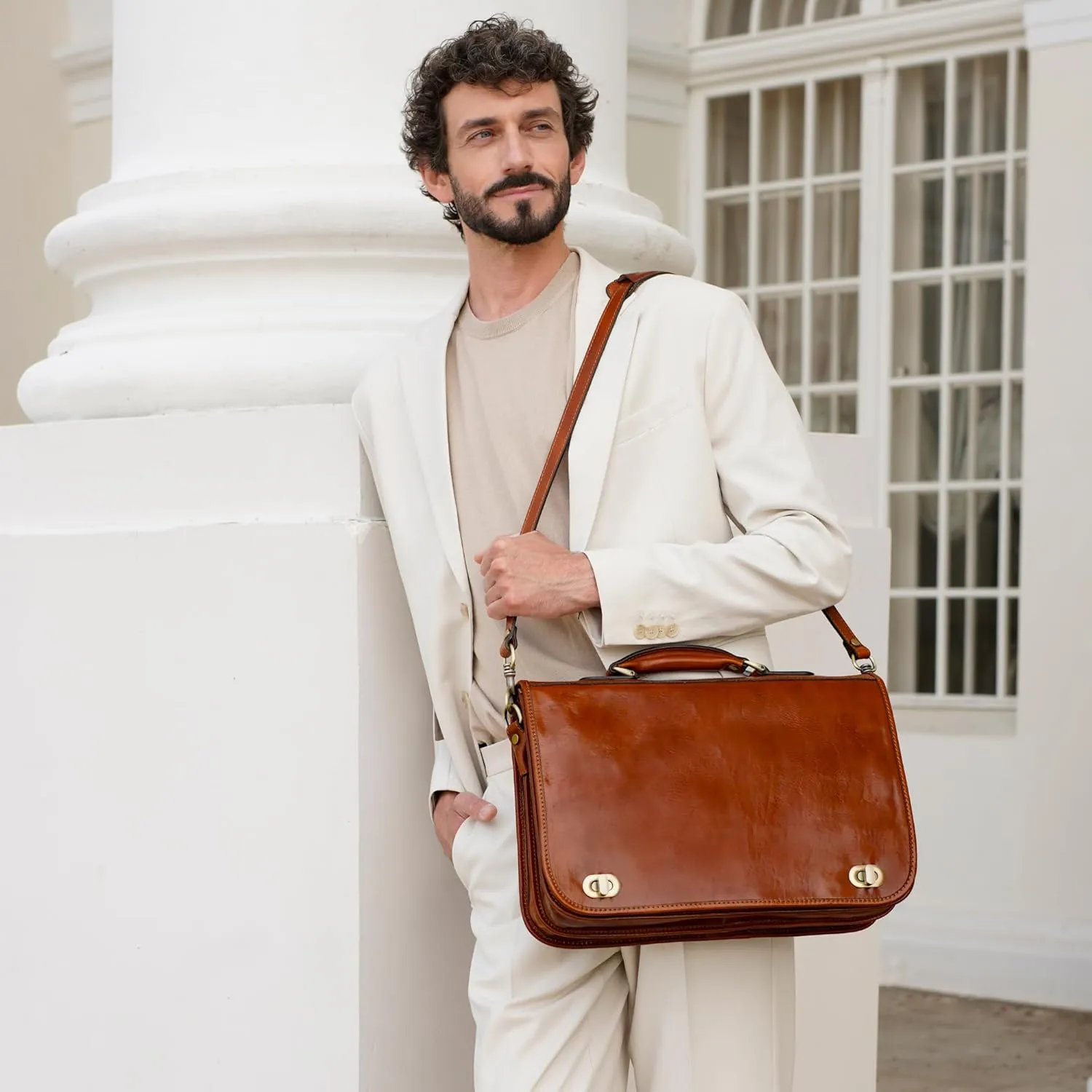Time Resistance Leather Briefcase for Men - Italian Full Grain Leather Laptop Bag - Messenger Bag - Gift Box Included