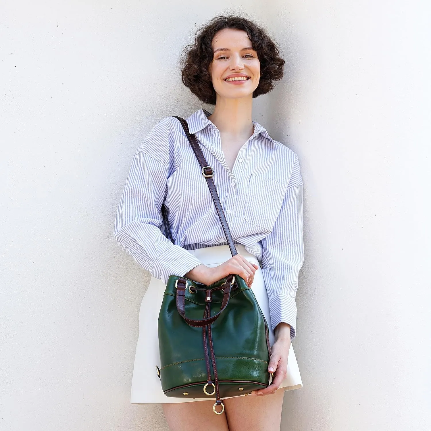 Time Resistance Leather Bucket Bag Full Grain Real Leather Tote Bag for Women