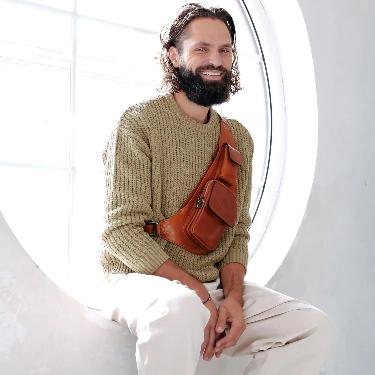 Time Resistance Leather Sling Bag - Crossbody Bag - Messenger Bag for Men and Women - Handmade Shoulder Bag Backpack