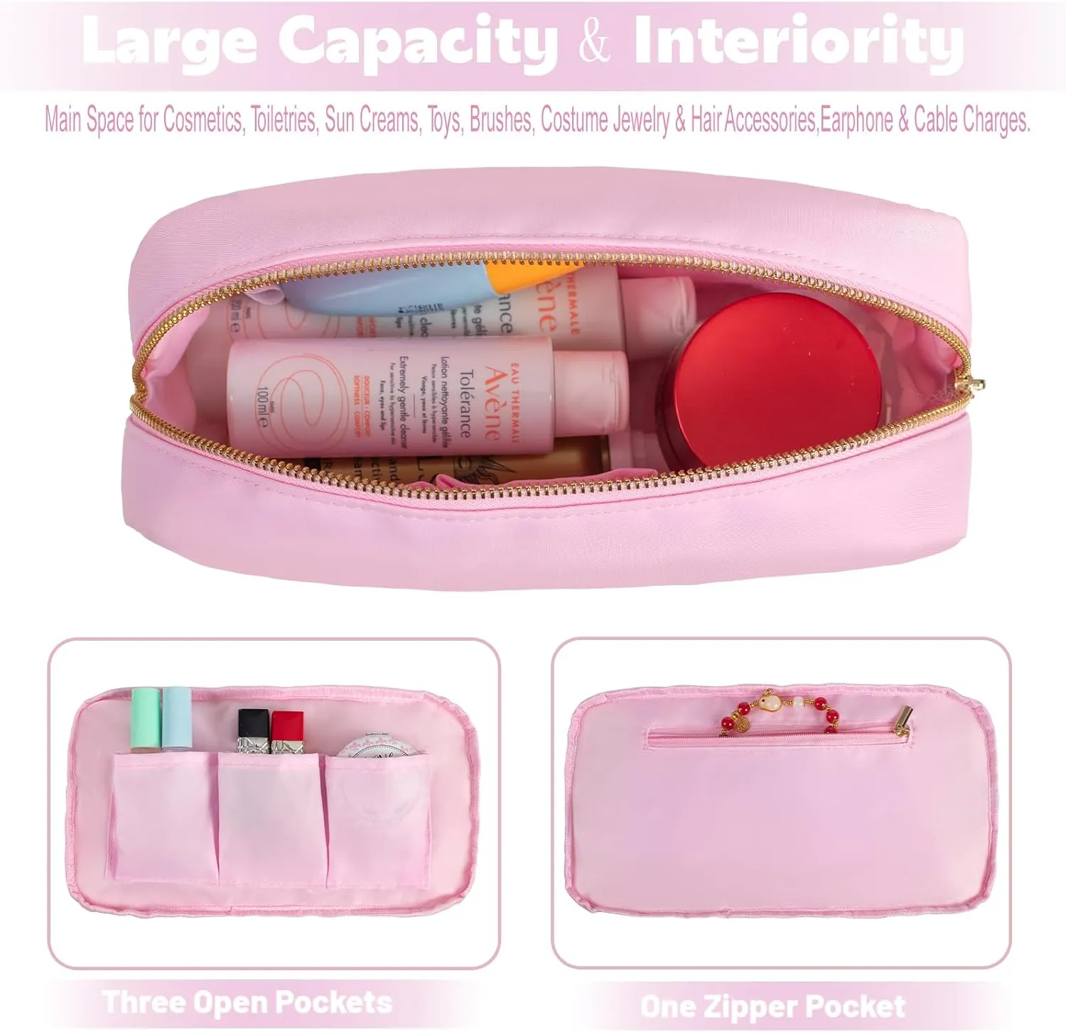 Toiletry Bag for Travelling Women Pink Makeup Bag Organizer Water-resistant Nylon Cosmetic Bag Pouch with Four Pockets (L,Baby Pink)