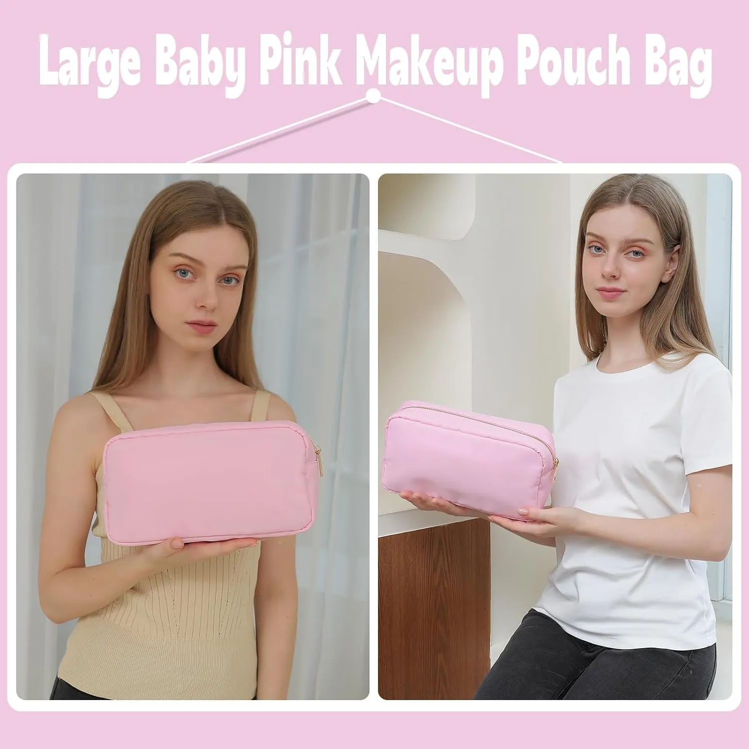 Toiletry Bag for Travelling Women Pink Makeup Bag Organizer Water-resistant Nylon Cosmetic Bag Pouch with Four Pockets (L,Baby Pink)